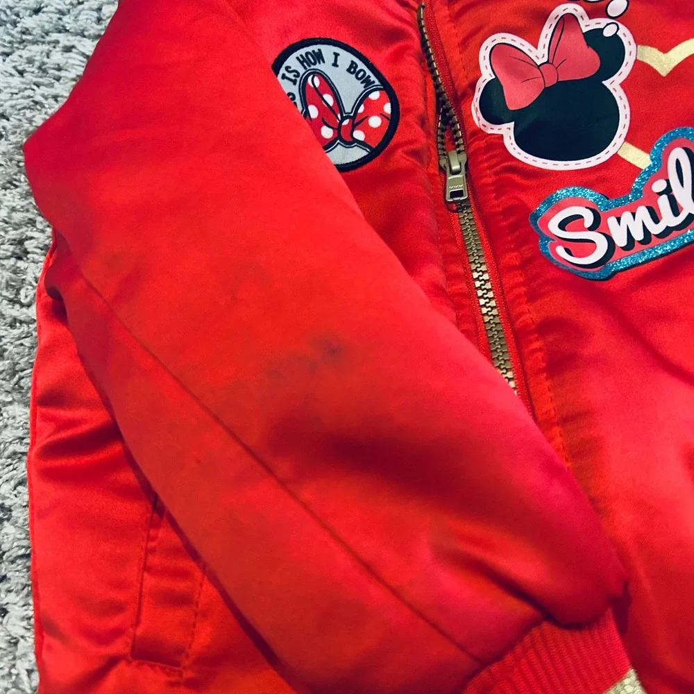 Disney Minnie Mouse Red Satin‎ Bomber Jacket Girls 4T Gold Glitter SCAL01A